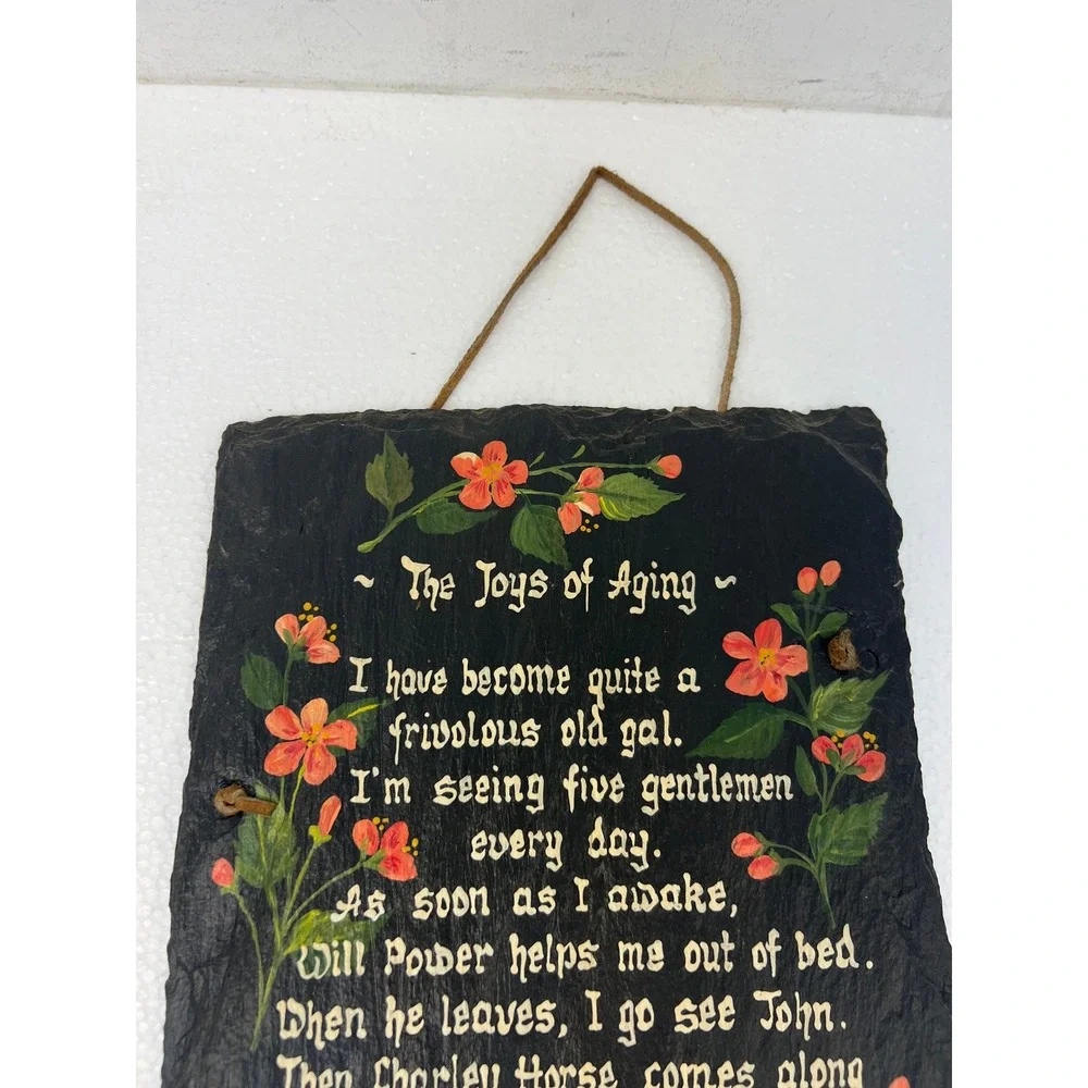 Vintage Hand Painted Slate Wall Hanging Joys of Aging Signed Farmhouse Decor